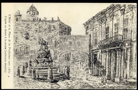 L'Hôtel et la Place de la Préfecture vers 1830 d'après un dessin à la plume (collection Amelin)