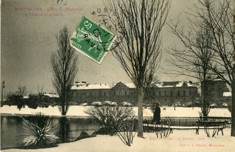 71, Montpellier, Jardin de l'esplanade et caserne du 2e Génie, Effet de neige, 23 janvier 1907