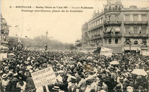 11, Montpellier, Meeting viticole du 9 juin 1907, 600 000 manifestants, Passage des Gueu x , Place de la Comédie