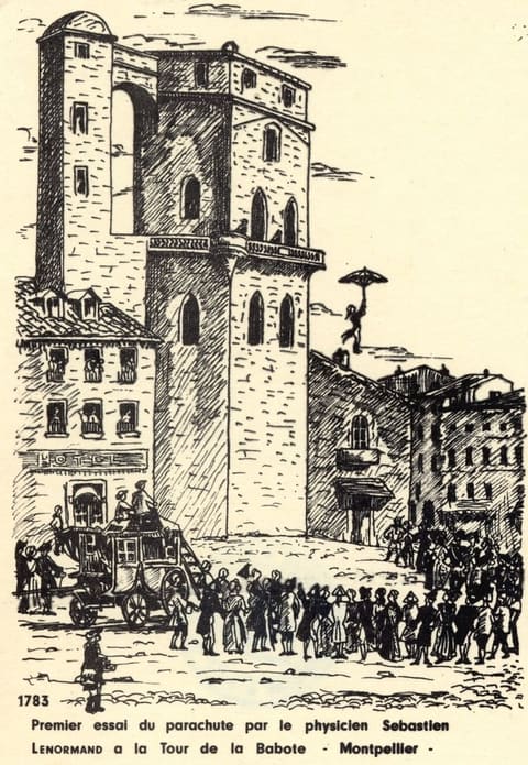1783 Premier essai du parachute par le physicien Sebastien Lenormand à la Tour de la Babote Montpellier