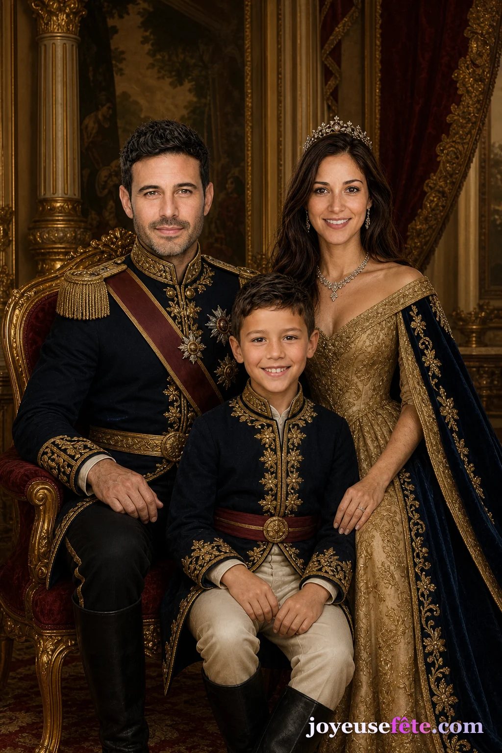Portrait de famille personnalisé en tenue royale, façon tableau de cour